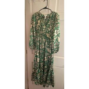 NWT Jessica Simpson Tropical Leaf Long Sleeve Midi Dress in Green Cream